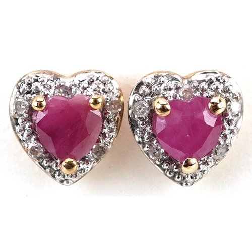 2278 - Pair of 9ct gold ruby and diamond love heart stud earrings housed in an H Samuel box, 7mm high, 1.4g