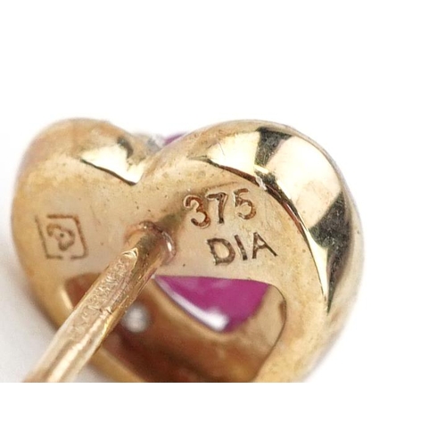 2278 - Pair of 9ct gold ruby and diamond love heart stud earrings housed in an H Samuel box, 7mm high, 1.4g