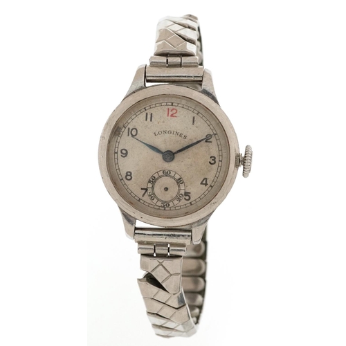 2610 - Longines, ladies Longines manual wind wristwatch having silvered and subsidiary dial with Arabic num... 