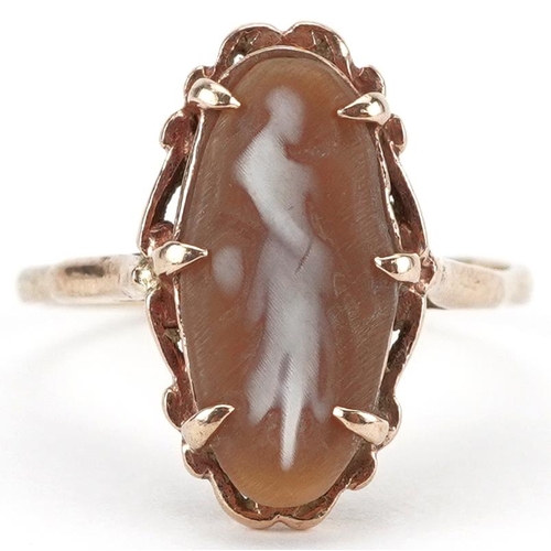 2499 - 9ct gold cameo shell ring carved with a maiden, size M, 2.4g