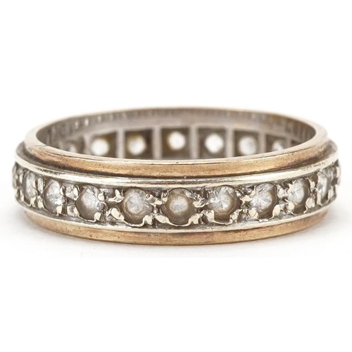 2219 - 9ct two tone gold white spinel eternity ring, size M, 3.1g