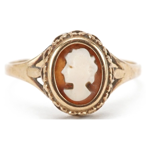 2154 - 9ct gold cameo shell ring carved with a maiden head, size K, 1.4g