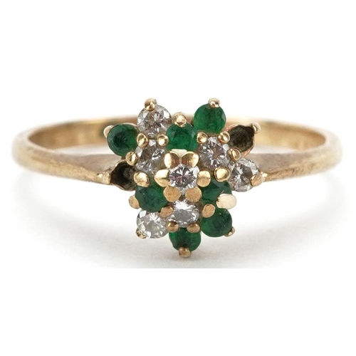 2172 - 9ct gold diamond and emerald three tier cluster ring, size Q, 2.4g