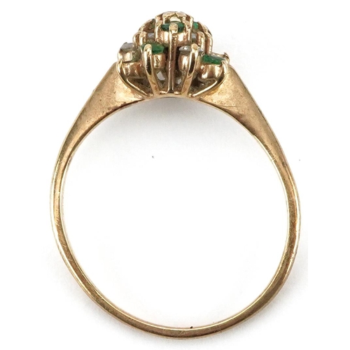 2172 - 9ct gold diamond and emerald three tier cluster ring, size Q, 2.4g