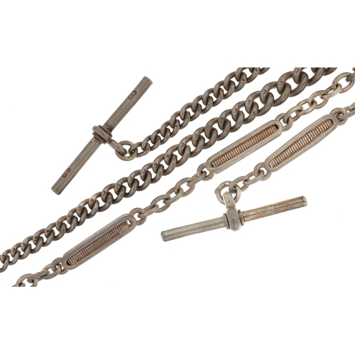 2527 - Two gentlemen's silver watch chains with T bars and dog clip clasps, 33cm and 26cm in length, 56.4g