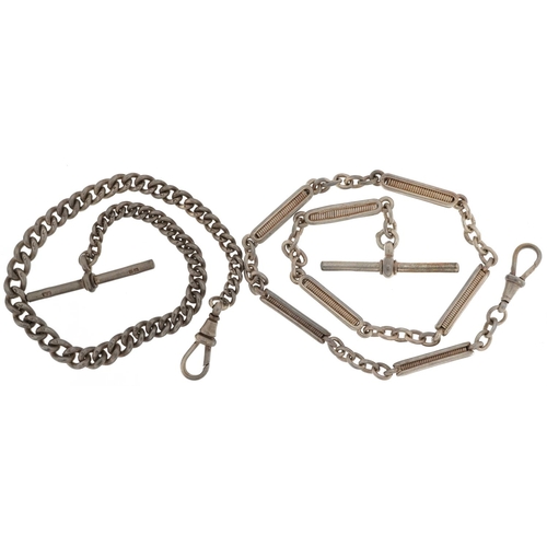 2527 - Two gentlemen's silver watch chains with T bars and dog clip clasps, 33cm and 26cm in length, 56.4g