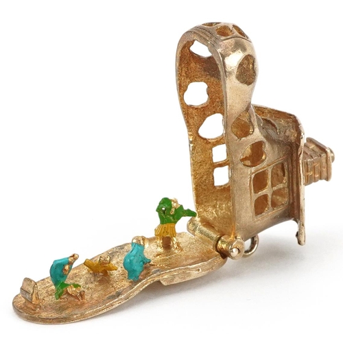 2136 - Heavy 9ct gold and enamel opening charm in the form of The Old Woman Who Lived in a Shoe, 2.9cm wide... 