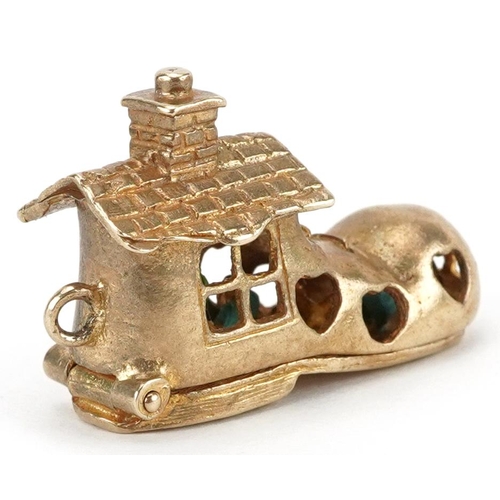 2136 - Heavy 9ct gold and enamel opening charm in the form of The Old Woman Who Lived in a Shoe, 2.9cm wide... 