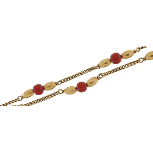 2021 - 9ct gold coral bead necklace, 48cm in length, 8.4g