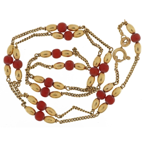 2021 - 9ct gold coral bead necklace, 48cm in length, 8.4g