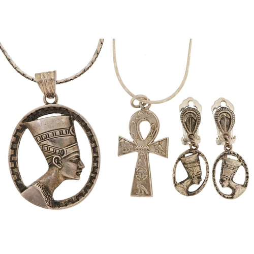 2577 - Egyptian Revival silver and white metal jewellery comprising Nefertiti pendant on chain, pair of Nef... 