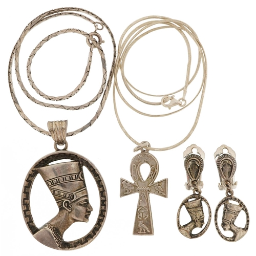 2577 - Egyptian Revival silver and white metal jewellery comprising Nefertiti pendant on chain, pair of Nef... 