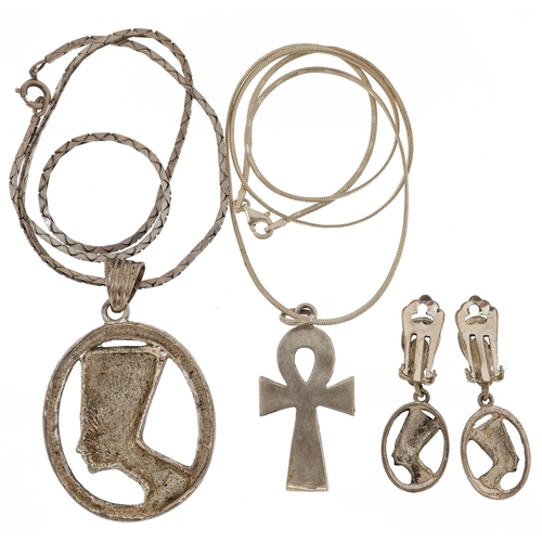 2577 - Egyptian Revival silver and white metal jewellery comprising Nefertiti pendant on chain, pair of Nef... 