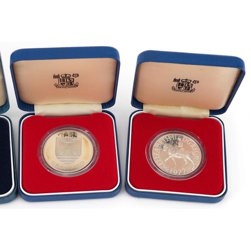 1668 - Five 1977 silver proof commemorative crowns by The Royal Mint with fitted cases