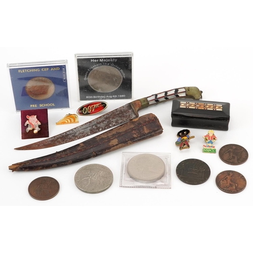 1436 - 19th century and later sundry items including a horn snuff box, Middle Eastern knife with sheath and... 