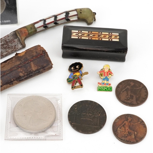 1436 - 19th century and later sundry items including a horn snuff box, Middle Eastern knife with sheath and... 