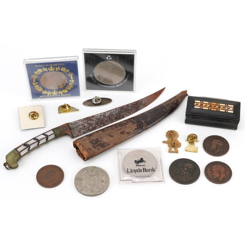 1436 - 19th century and later sundry items including a horn snuff box, Middle Eastern knife with sheath and... 