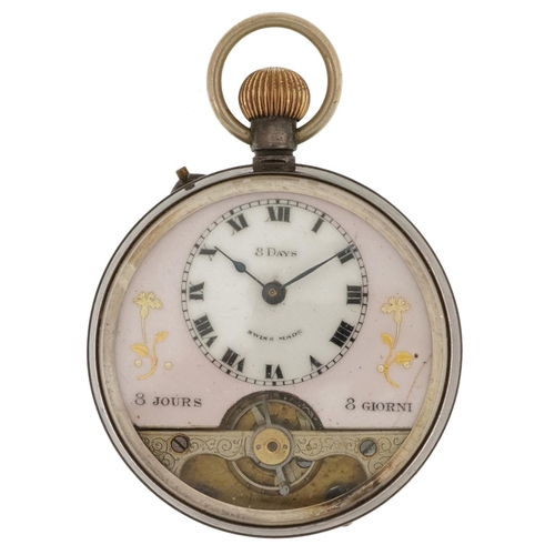 2553 - Hebdomas, Swiss eight day silver keyless open face pocket watch having enamelled dial with Roman num... 