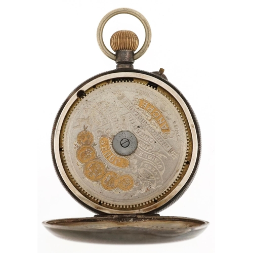 2553 - Hebdomas, Swiss eight day silver keyless open face pocket watch having enamelled dial with Roman num... 