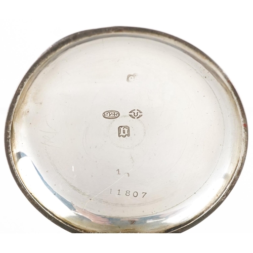 2553 - Hebdomas, Swiss eight day silver keyless open face pocket watch having enamelled dial with Roman num... 