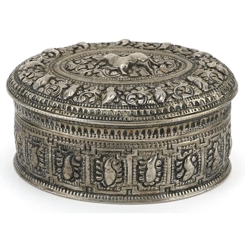 201 - Anglo Indian white metal box and cover profusely embossed and engraved with wild animals and foliage... 