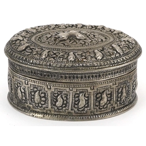 201 - Anglo Indian white metal box and cover profusely embossed and engraved with wild animals and foliage... 