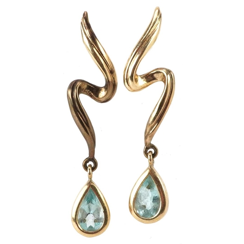 2614 - Pair of 9ct gold aquamarine teardrop earrings, 3.5cm high, 2.7g