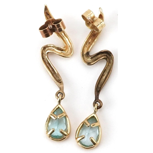 2614 - Pair of 9ct gold aquamarine teardrop earrings, 3.5cm high, 2.7g