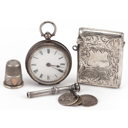 1374 - Edwardian and later silver objects including floral engraved vesta, Swiss silver open face ladies po... 