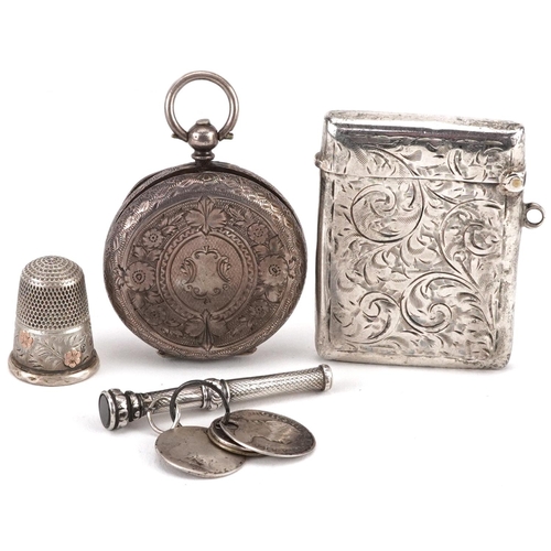 1374 - Edwardian and later silver objects including floral engraved vesta, Swiss silver open face ladies po... 