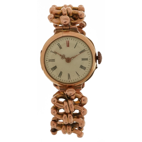 2525 - 9ct gold ladies manual wind wristwatch having enamelled dial with Roman numerals and 9ct rose gold e... 