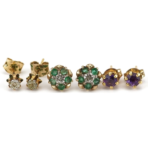 2581 - Three pairs of 9ct gold stud earrings set with stones including emerald, diamond and amethyst, the l... 