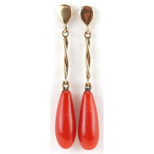 2494 - Pair of 9ct gold red coral drop earrings, 3.5cm high, 2.6g