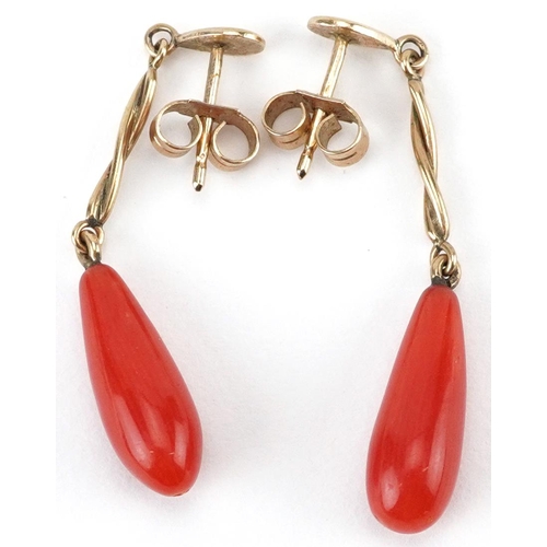 2494 - Pair of 9ct gold red coral drop earrings, 3.5cm high, 2.6g