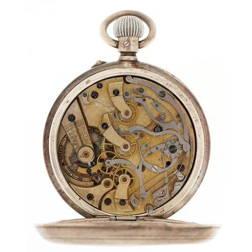 2122 - Gentlemen's continental silver keyless open face chronograph pocket watch having enamelled and subsi... 