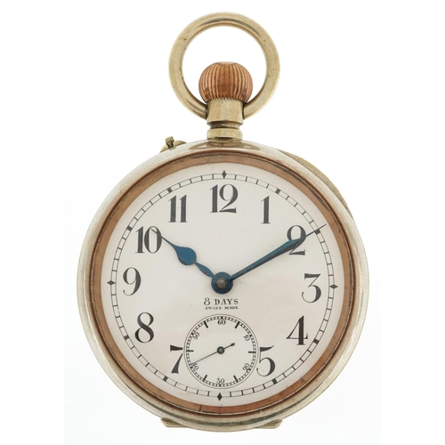 2695 - Gentlemen's white metal keyless eight day keyless Goliath eight day pocket watch having enamelled an... 