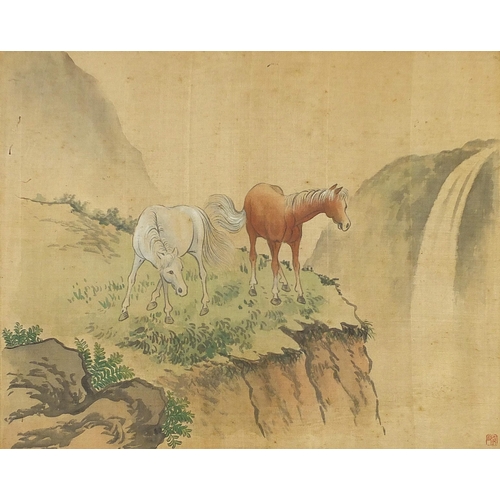 1154 - Two horses on a cliff, Chinese watercolour onto silk, red seal mark, mounted, framed and glazed, 37c... 