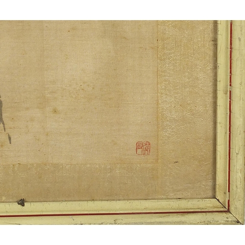 1154 - Two horses on a cliff, Chinese watercolour onto silk, red seal mark, mounted, framed and glazed, 37c... 