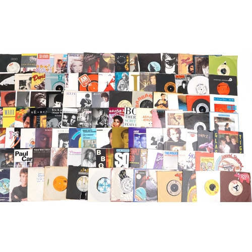 1236 - 45rpm records arranged in four cases including Electric Light Orchestra, The Moody Blues, Neil Diamo... 