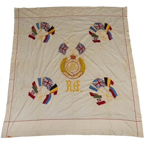 654 - Large military interest embroidered textile with Royal Engineers motifs, 210cm x 170cm