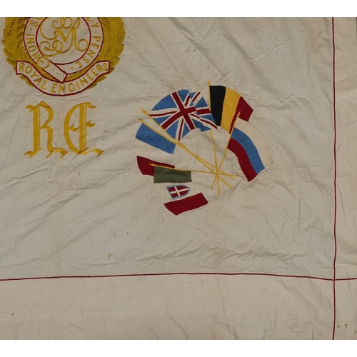 654 - Large military interest embroidered textile with Royal Engineers motifs, 210cm x 170cm