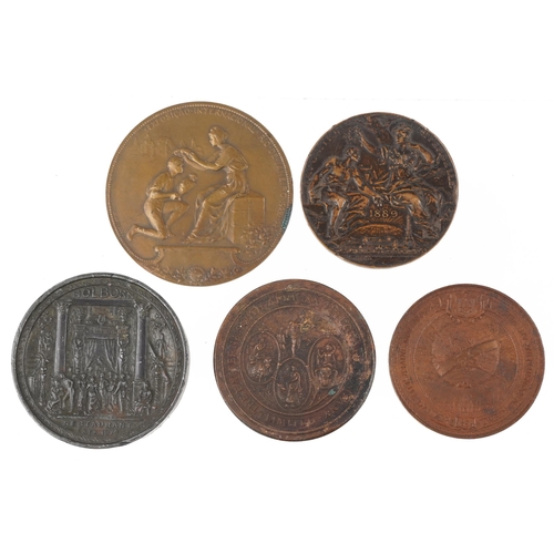 1686 - Five 19th century and later commemorative medallions including a bronze Holborn Restaurant example p... 