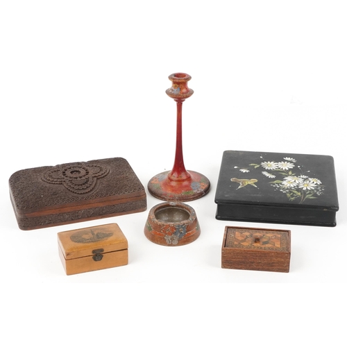 1516 - 19th century and later woodenware including a Victorian Tunbridge Ware tumbling block design box and... 