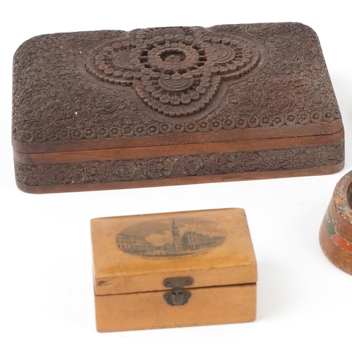 1516 - 19th century and later woodenware including a Victorian Tunbridge Ware tumbling block design box and... 