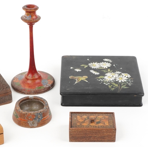 1516 - 19th century and later woodenware including a Victorian Tunbridge Ware tumbling block design box and... 