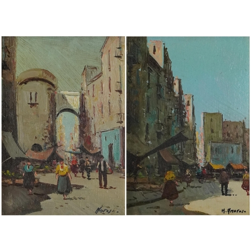 1029 - Continental market scenes, pair of continental school oil on boards, each bearing an indistinct sign... 