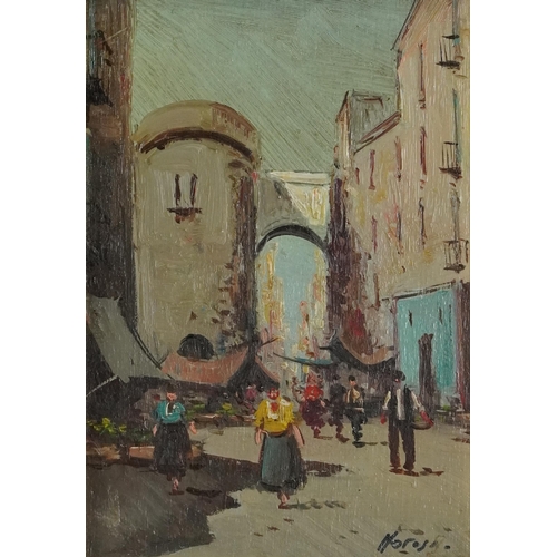 1029 - Continental market scenes, pair of continental school oil on boards, each bearing an indistinct sign... 