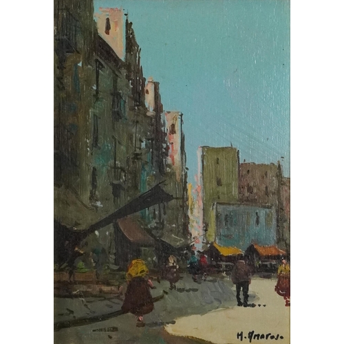 1029 - Continental market scenes, pair of continental school oil on boards, each bearing an indistinct sign... 