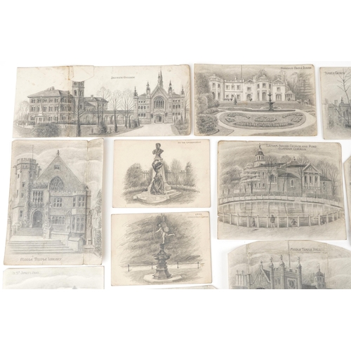 1710 - Fifteen early 20th century architectural pencil drawings on card of Embankment London including Entr... 