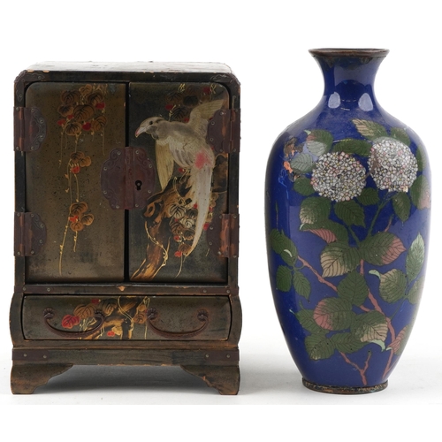 1357 - Japanese cloisonne vase enamelled with flowers and a Japanese lacquered table cabinet hand painted w... 